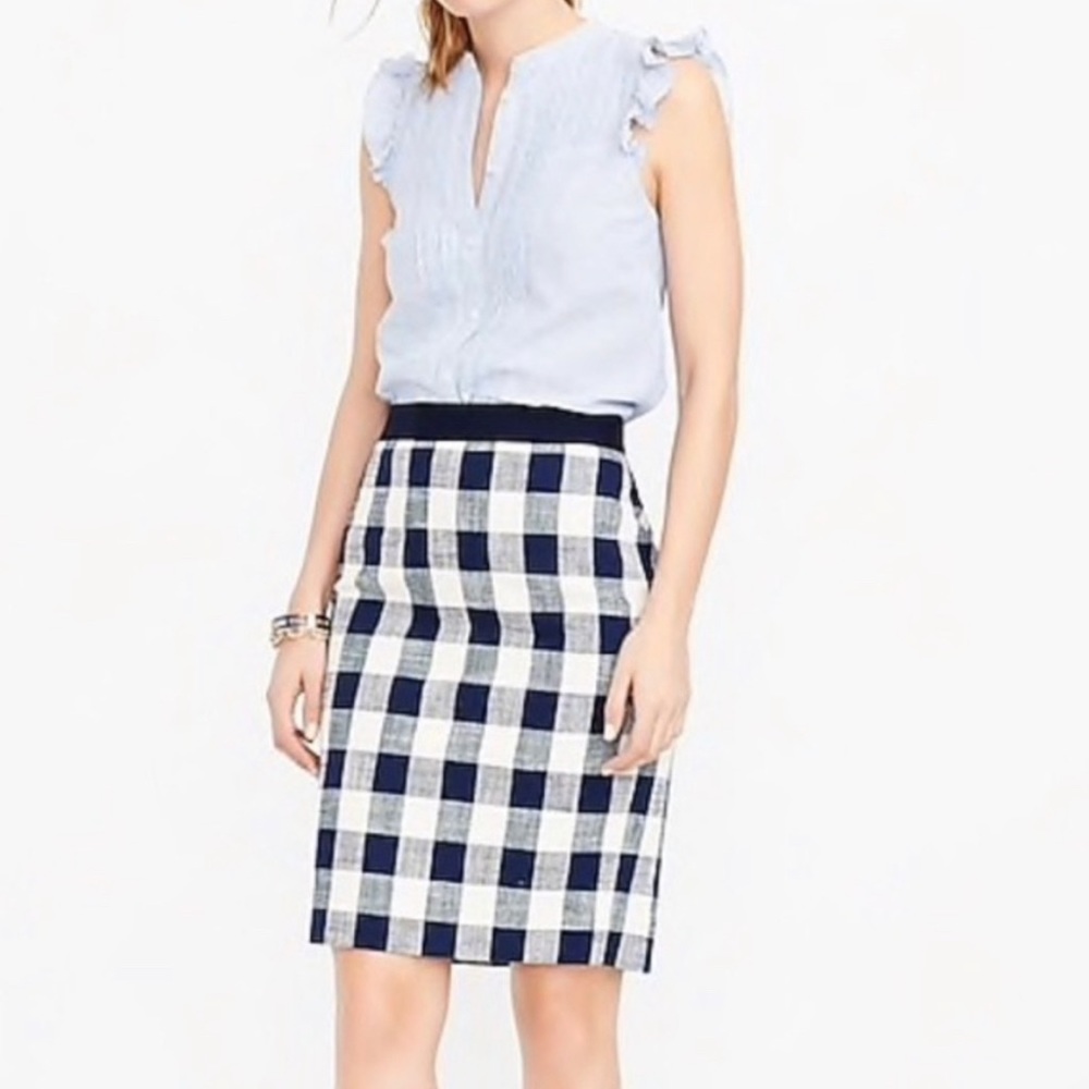 J Crew No. 2 Pencil Skirt Navy White Gingham Plaid